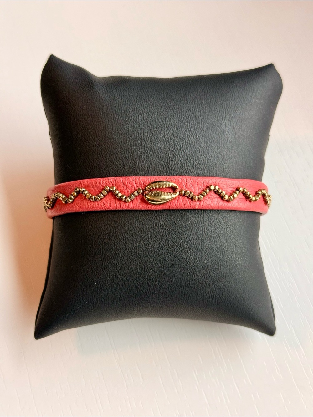 Chan Luu Gold Shell Coral Pink Leather Adjustable Bracelet